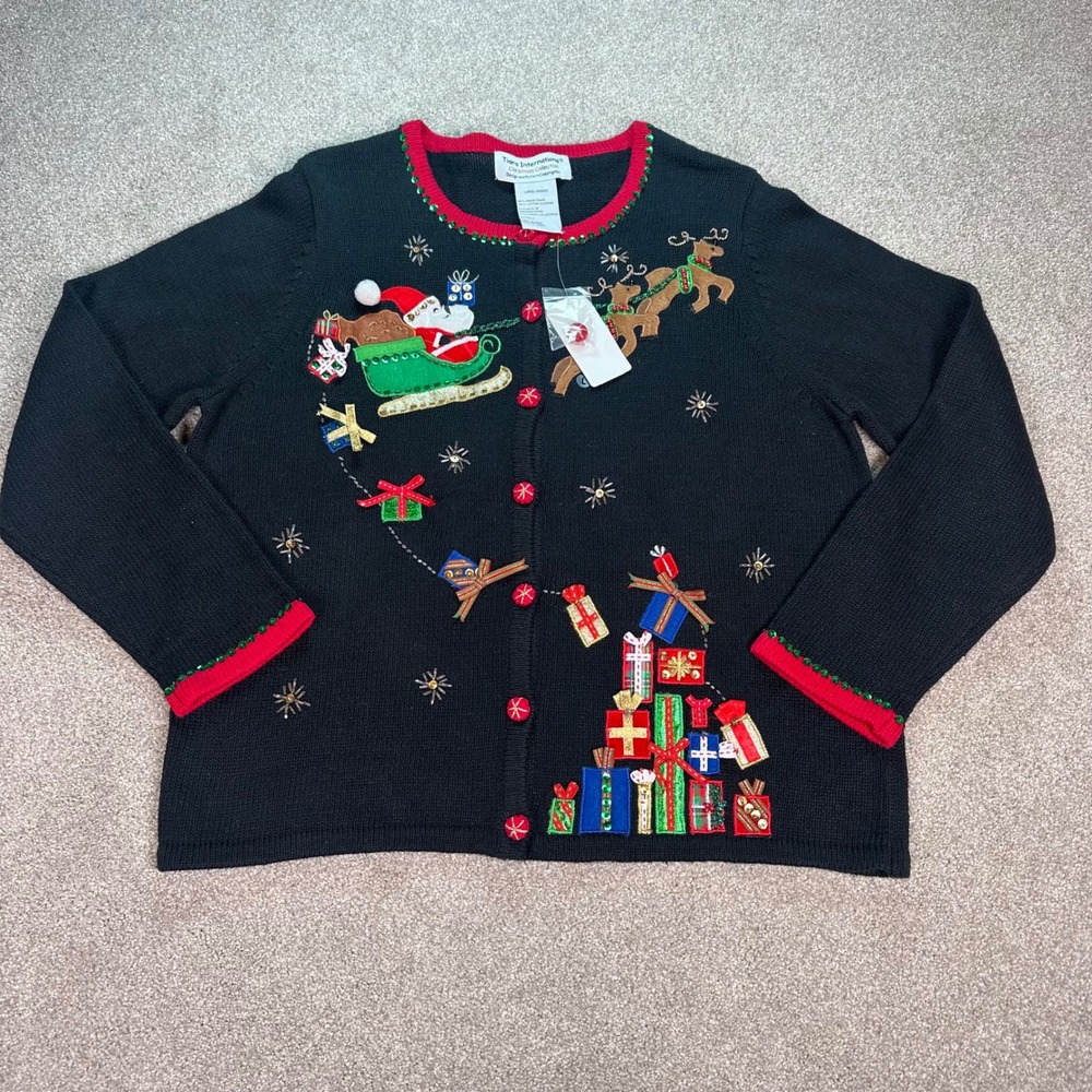 Tiara International‎ Christmas Ugly Sweater Santa Sleigh Reindeer Gift Women Lg